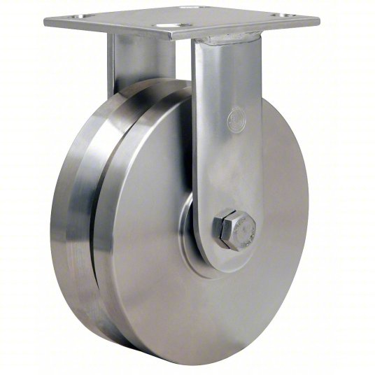 Caster; Rigid; 12" x 4"; V-Groove (1-3/4") Drop Forged 1045 Steel; Plate (8-1/2"x8-1/2"; holes: 7"x7"; 5/8" bolt); Zinc; Plain bore; 8000#; High Temp; 800 F (Item #63186) Caster; Rigid; 12" x 4"; V-Groove (1-3/4") Drop Forged 1045 Steel; Plate (8-1/2"x8-1/2"; holes: 7"x7"; 5/8" bolt); Zinc; Plain bore; 8000#; High Temp; 800 F (Item #63186)