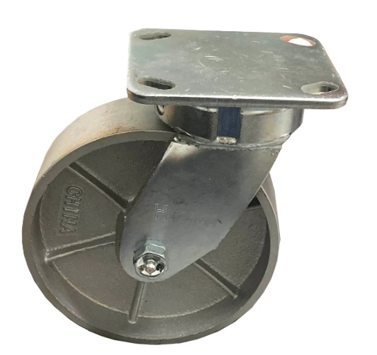 Caster; Swivel; 6" x 3"; V-Groove (1-3/8") Cast Iron; Plate (6-1/4"x7-1/2": holes: 4-1/8"x6" slots to 4-1/2"x6-1/8"; 1/2" bolt); Roller Brng; 3500#; Kingpinless (Item #64678) Caster; Swivel; 6" x 3"; V-Groove (1-3/8") Cast Iron; Plate (6-1/4"x7-1/2": holes: 4-1/8"x6" slots to 4-1/2"x6-1/8"; 1/2" bolt); Roller Brng; 3500#; Kingpinless (Item #64678)