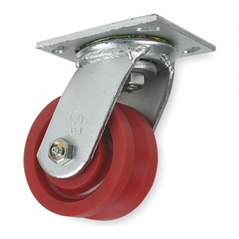 Caster; Swivel; 4" x 2"; V-Groove (7/8) Ductile Steel; Plate (4"x4-1/2"; holes: 2-5/8"x3-5/8" slots to 3"x3"; 3/8" bolt); Zinc; Roller Brng; 1500#; Kingpinless (Item #63966)