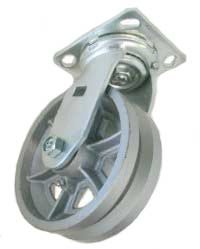 Caster; Swivel; 3" x 1-1/4"; V-Groove (7/8) Cast Iron; Plate (2-3/8"x3-5/8"; holes: 1-3/4"x2-7/8" slotted to 3"; 5/16" bolt); Zinc; Plain bore; 300# (Item #65529) Caster; Swivel; 3" x 1-1/4"; V-Groove (7/8) Cast Iron; Plate (2-3/8"x3-5/8"; holes: 1-3/4"x2-7/8" slotted to 3"; 5/16" bolt); Zinc; Plain bore; 300# (Item #65529)