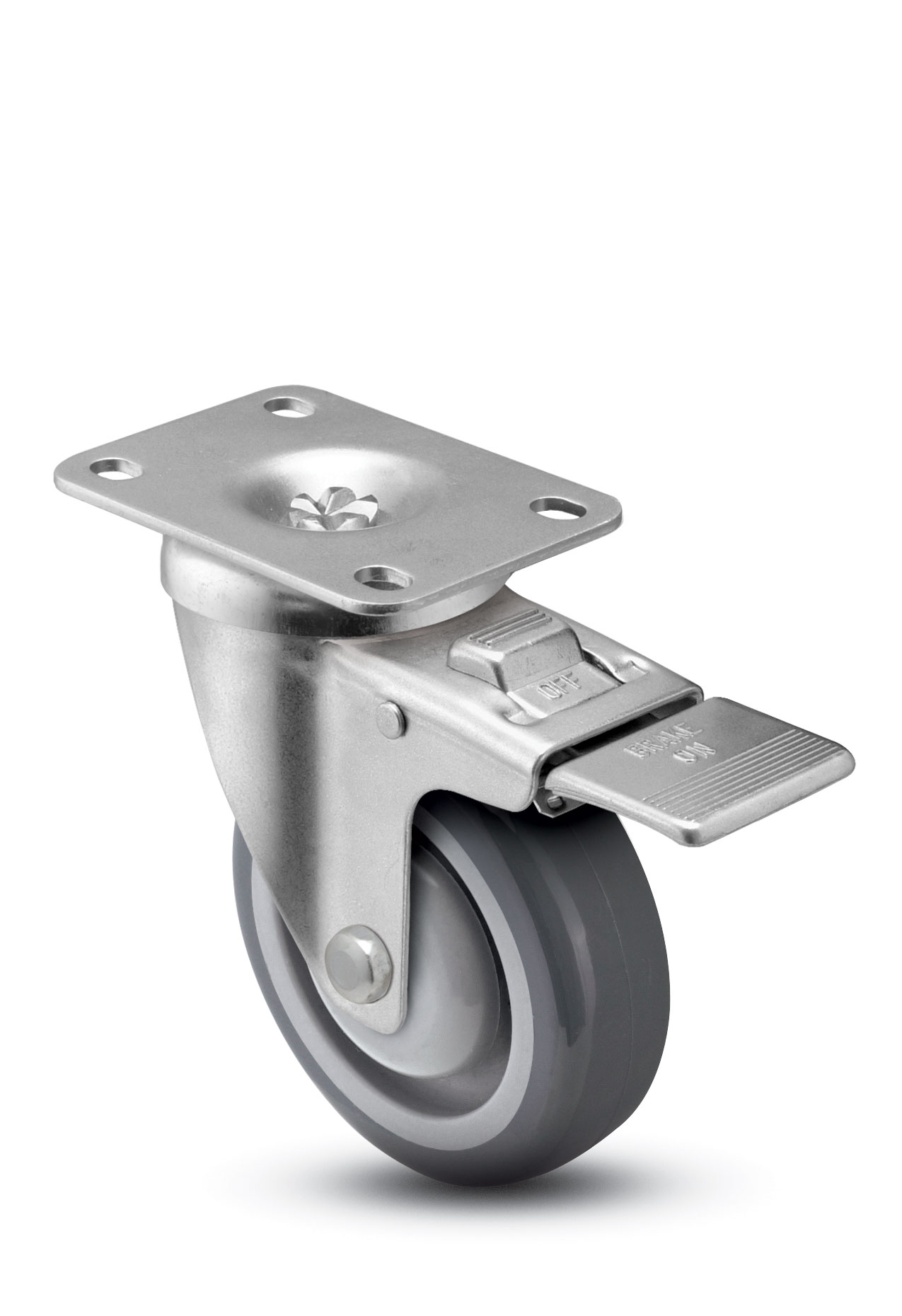 Caster; Swivel; 6"x1-1/4"; PolyU on PolyO (Gray); Plate; 2-3/8"x3-5/8"; holes: 1-3/4"x2-7/8" (slotted to 3"); 5/16 bolt; Prec BB; 300#; Pedal Ttl Lck; Thrd Grds (Item #67279)