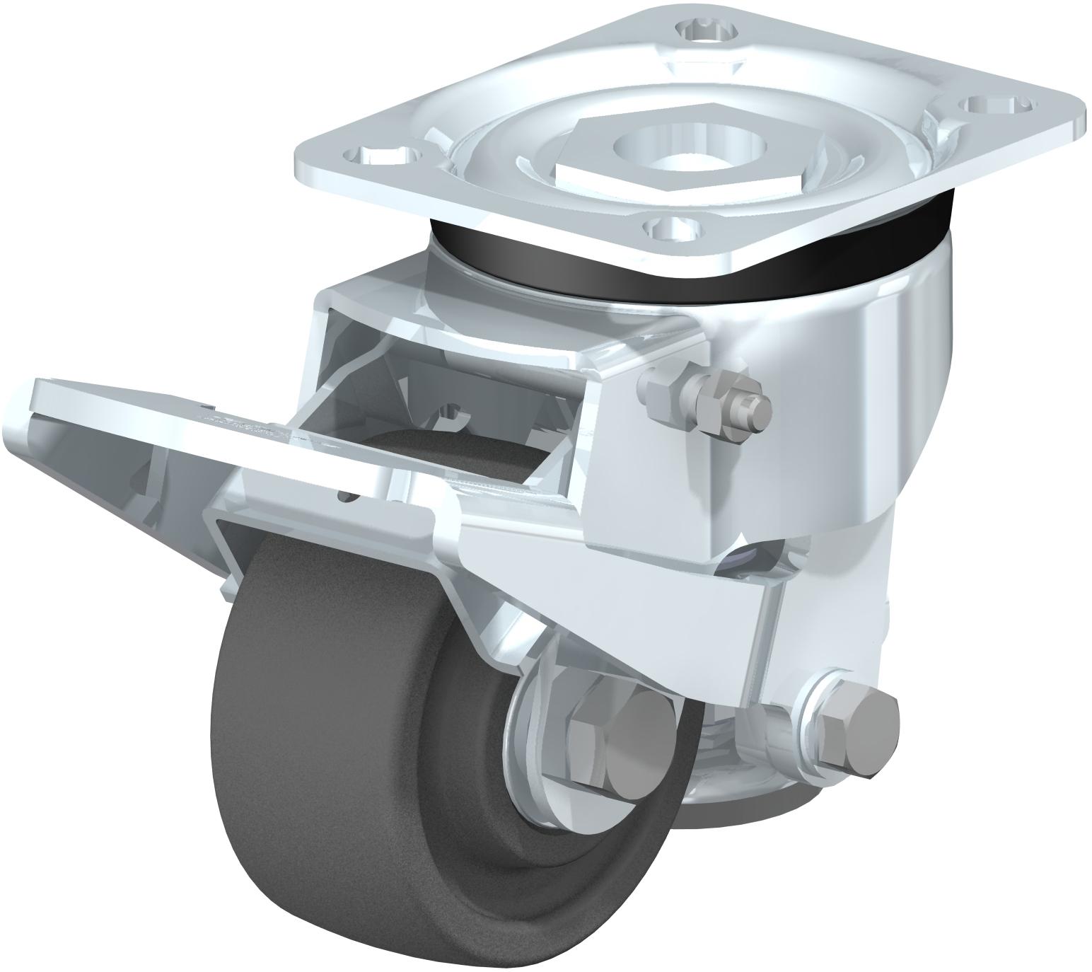 Caster; Swivel; 80mm x 35mm; Nylon; Plate (85mm x 100mm); Zinc; Ball Brng; 660# Dynamic/ 2200# Static; Retractable Floor Lock lifts 1/8"; Non-swiveling Pedal (Item #64083)