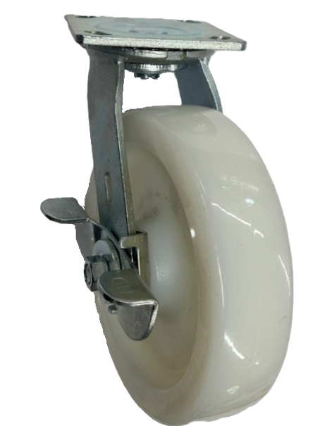 Caster; Swivel; 8" x 2"; Nylon; Plate (4"x4-1/2"; holes: 2-5/8"x3-5/8" slots to 3"x3"; 3/8" bolt); Zinc; Roller Brngs; 1250#; Cam Brake (Item #63035) Caster; Swivel; 8" x 2"; Nylon; Plate (4"x4-1/2"; holes: 2-5/8"x3-5/8" slots to 3"x3"; 3/8" bolt); Zinc; Roller Brngs; 1250#; Cam Brake (Item #63035)
