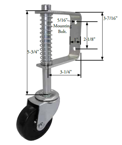 Spring Loaded Gate Caster; 3" x 1-3/4"; PolyU on PolyO (Gray); Bracket (2"x5-3/8"; holes 15/16"x3"); Ball Brng; 250# cap; Full 2" Spring deflection at 230#. (Item #65403) Spring Loaded Gate Caster; 3" x 1-3/4"; PolyU on PolyO (Gray); Bracket (2"x5-3/8"; holes 15/16"x3"); Ball Brng; 250# cap; Full 2" Spring deflection at 230#. (Item #65403)