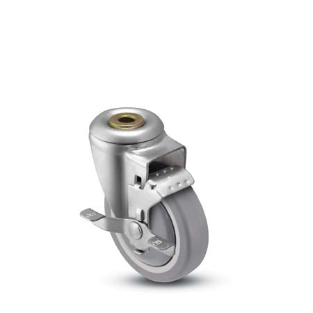 Caster; Swivel; 3" x 1-1/4"; Thermoplastized Rubber (Gray); Hollow Kingpin (1/2" bolt hole); Zinc; Nylon Brng; 210#; Dustcap; Tread brake (Item #65642)