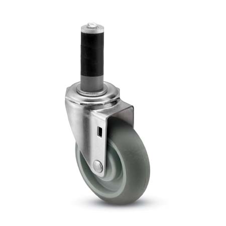 Caster; Swivel; 5x1-1/4; ThermoPlstc Rbr Round (Gray); Expandable Adapter (1-3/8" - 1-7/16" ID tubing); Zinc; Delrin Spanner; 300# (Item #66901) Caster; Swivel; 5x1-1/4; ThermoPlstc Rbr Round (Gray); Expandable Adapter (1-3/8" - 1-7/16" ID tubing); Zinc; Delrin Spanner; 300# (Item #66901)