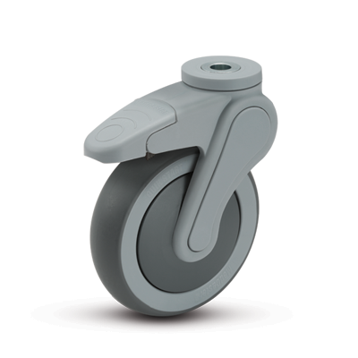 Caster; Swivel; 4" x 1-1/4"; Thermoplastized Rubber (Gray); 11mm Hollow Kingpin; Nylon (Gray); Prec Ball Brng; 220#; Thread guards; Total Lock Brake (Item #64290)
