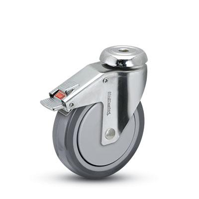 Caster; Swivel; 5" x 1-1/4"; Thermoplastized Rubber (Gray); Hollow Kingpin (1/2" bolt hole); Stainless; Prec Ball Brngs; 300#; Thread guards; Total Lock (Item #62939) Caster; Swivel; 5" x 1-1/4"; Thermoplastized Rubber (Gray); Hollow Kingpin (1/2" bolt hole); Stainless; Prec Ball Brngs; 300#; Thread guards; Total Lock (Item #62939)