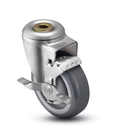 Caster; Swivel; 3" x 1-1/4"; Thermoplastized Rubber (Gray); Hollow Kingpin (1/2" bolt hole); Zinc; Precision Ball Brng; 210#; Dust Cover; Tread brake (Item #64533) Caster; Swivel; 3" x 1-1/4"; Thermoplastized Rubber (Gray); Hollow Kingpin (1/2" bolt hole); Zinc; Precision Ball Brng; 210#; Dust Cover; Tread brake (Item #64533)