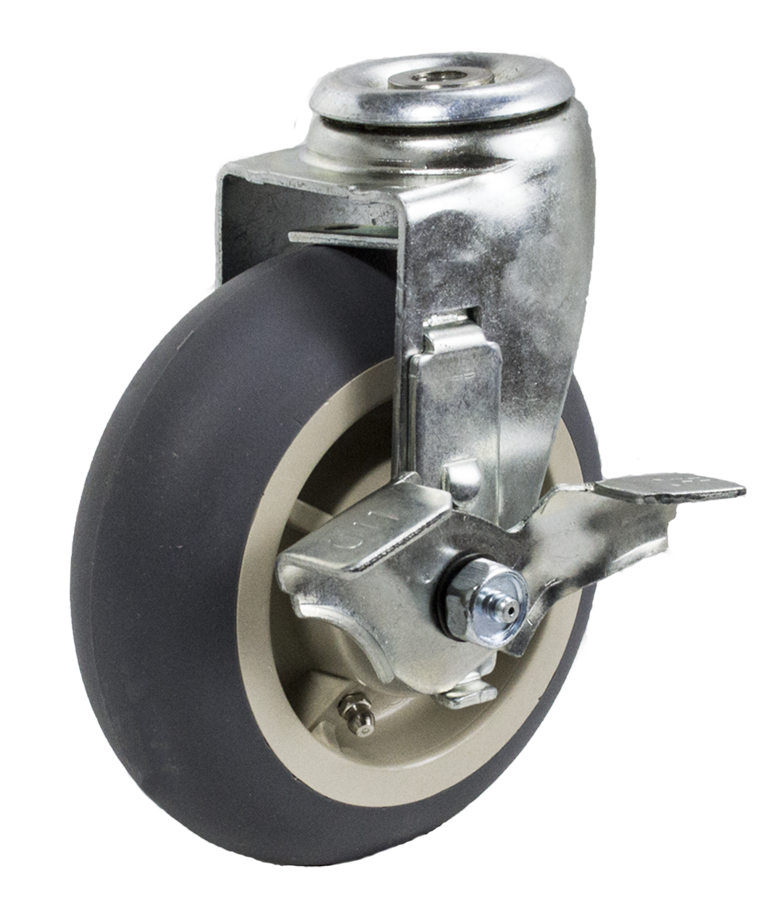 Caster; Swivel; 6" x 2"; ThermoPlastic Rubber Donut (Gray); Hollow Kingpin (1/2" bolt hole); Zinc; Roller Brng; 450#; Tread brake (Item #64275) Caster; Swivel; 6" x 2"; ThermoPlastic Rubber Donut (Gray); Hollow Kingpin (1/2" bolt hole); Zinc; Roller Brng; 450#; Tread brake (Item #64275)
