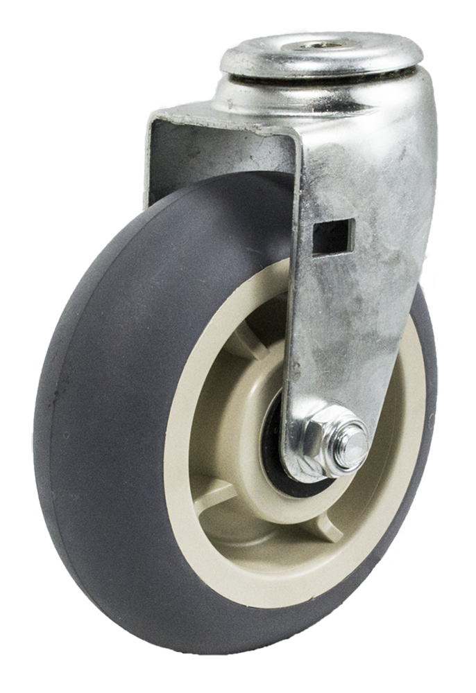 Caster; Swivel; 5" x 2"; ThermoPlastic Rubber Donut (Gray); Hollow Kingpin (1/2" bolt hole); Zinc; Roller Brng; 450# (Item #64274) Caster; Swivel; 5" x 2"; ThermoPlastic Rubber Donut (Gray); Hollow Kingpin (1/2" bolt hole); Zinc; Roller Brng; 450# (Item #64274)