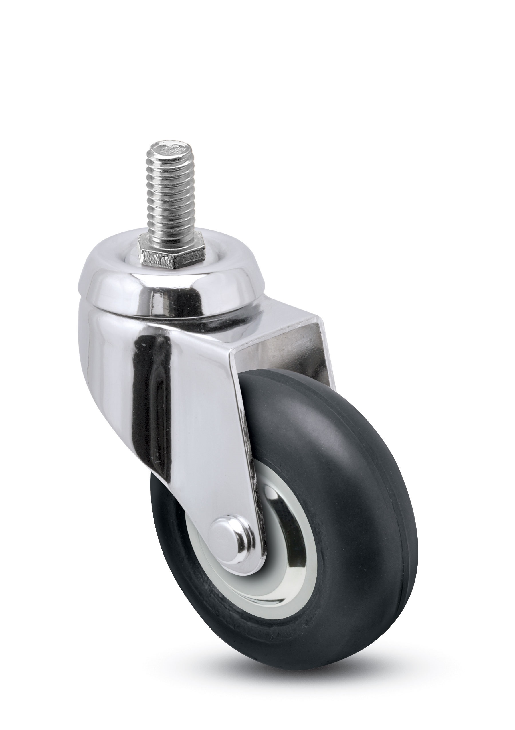 Caster; Swivel; 3" x 13/16"; Thermoplastized Rubber (Black); Threaded Stem (1/2"-13TPI x 1-1/2"); Chrome; Precision Ball Brng; 110#; Thread guards (ONLY 2 LEFT) (Item #64885) Caster; Swivel; 3" x 13/16"; Thermoplastized Rubber (Black); Threaded Stem (1/2"-13TPI x 1-1/2"); Chrome; Precision Ball Brng; 110#; Thread guards (ONLY 2 LEFT) (Item #64885)