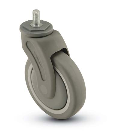 Caster; Swivel; 5" x 1-1/4"; Thermoplastized Rubber (Gray); Threaded Stem (1/2"-13TPI x 1") Nylon (Gray); Precision Ball Brng; 325#; Thread guards (Item #65919) Caster; Swivel; 5" x 1-1/4"; Thermoplastized Rubber (Gray); Threaded Stem (1/2"-13TPI x 1") Nylon (Gray); Precision Ball Brng; 325#; Thread guards (Item #65919)