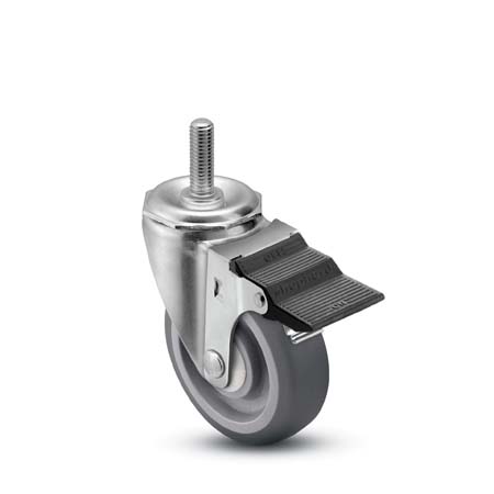 Caster; Swivel; 4"x1-1/4"; PolyU on PolyO (Gray); Threaded Stem (1/2"-13TPI x 2-13/16"); Zinc; Ball Brng; 300#; Pedal Brake; Bearing Cover; Dustcap (Mtl) (Item #67356)