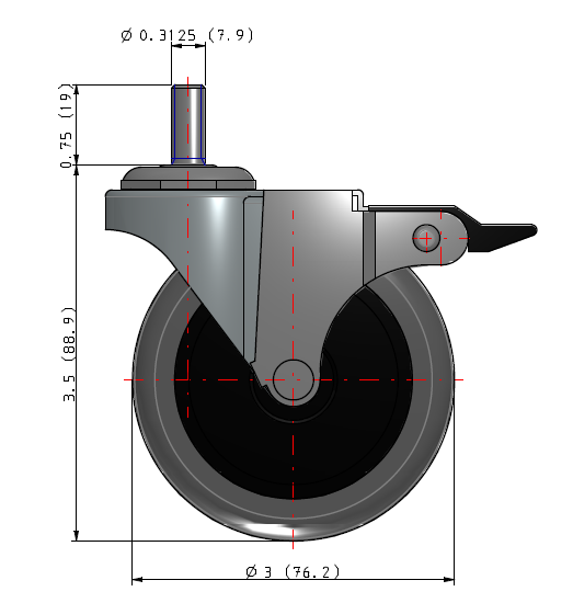 Caster; Swivel; 3" x 13/16"; Thermoplastized Rubber (Gray); Threaded Stem (5/16"-18TPI x 3/4"); Zinc; Plain bore; 110#; Top Lock Brake (Item #63909) Caster; Swivel; 3" x 13/16"; Thermoplastized Rubber (Gray); Threaded Stem (5/16"-18TPI x 3/4"); Zinc; Plain bore; 110#; Top Lock Brake (Item #63909)