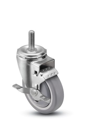 Caster; Swivel; 4" x 1-1/4"; Thermoplastized Rubber (Gray); Threaded Stem (3/4"-10TPI x 1-3/4"); Zinc; Ball Brng; 250#; Tread brake (Item #66444) Caster; Swivel; 4" x 1-1/4"; Thermoplastized Rubber (Gray); Threaded Stem (3/4"-10TPI x 1-3/4"); Zinc; Ball Brng; 250#; Tread brake (Item #66444)