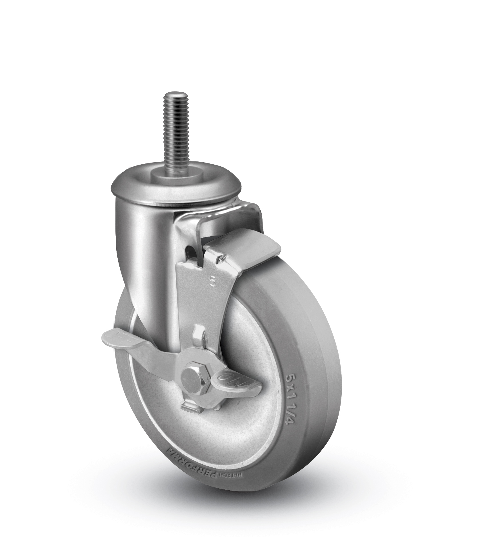 Caster; Swivel; 4" x 1"; Thermoplastized Rubber (Gray); Threaded Stem (7/16"-14TPI x 2-1/4"); Zinc; Plain bore; 190#; Wheel Brake (Item #65643) Caster; Swivel; 4" x 1"; Thermoplastized Rubber (Gray); Threaded Stem (7/16"-14TPI x 2-1/4"); Zinc; Plain bore; 190#; Wheel Brake (Item #65643)