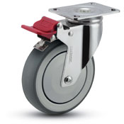 Caster; Swivel; 4" x 1-1/4"; TPR Rubber (Gray); Plate (2-5/8"x3-3/4"; holes: 1-3/4"x2-7/8" slotted to 3"); Chrome; Prec BB; 240#; Total Lock; Thread Guards (Item #66296)