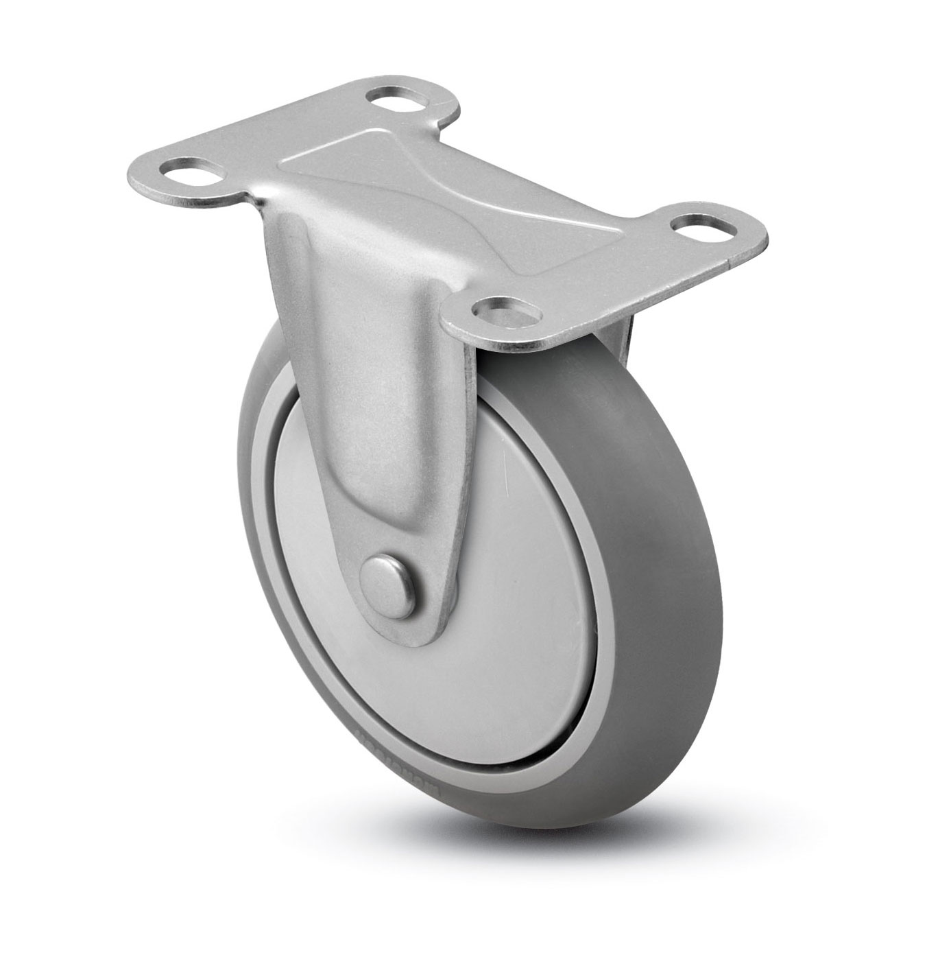 Caster; Rigid; 5 x 15/16; Gray Rubber (Donut); Plate (2-5/8x3-3/4; holes: 1-3/4x2-3/4 slotted to 3; 5/16 bolt); Plain bore; 160#; Thread guards (Item #66495)