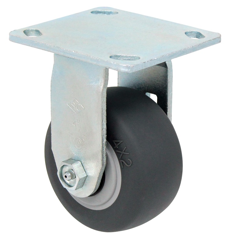 Caster; Rigid; 4" x 2"; Thermoplastized Rubber (Black); Plate (4"x4-1/2"; holes: 2-5/8"x3-5/8" slots to 3"x3"; 3/8" bolt); Zinc; Roller Brng; 300# (Item #64057) Caster; Rigid; 4" x 2"; Thermoplastized Rubber (Black); Plate (4"x4-1/2"; holes: 2-5/8"x3-5/8" slots to 3"x3"; 3/8" bolt); Zinc; Roller Brng; 300# (Item #64057)
