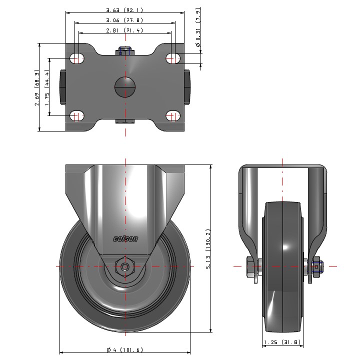 Caster; Rigid; 4" x 1-1/4"; Performa Rubber (Gray); Plate (2-11/16"x3-5/8": holes: 1-3/4"x2-13/16" (slot to 3-1/16"); 5/16" bolt); Zinc; Ball Brng; 250#; TG Mtl (Item #63659)