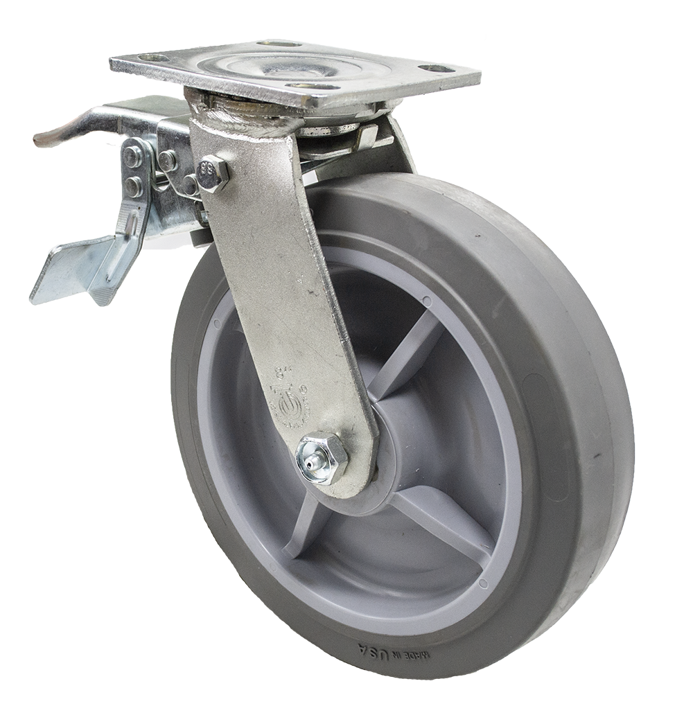 Caster; Swivel; 4" x 2"; Thermoplastized Rubber; Plate (4"x4-1/2"; holes: 2-5/8"x3-5/8" slotted to 3"x3"; 3/8" bolt); Zinc; Roller Brng; 400#; Total Lock (Lead) (Item #66014)