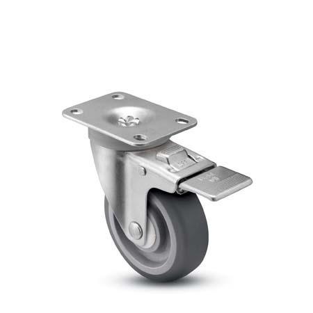 Caster; Swivel; 6" x 1-1/4"; TPR Rubber (Gray); Plate (2-5/8"x3-3/4"; holes: 1-3/4"x2-3/4" slots to 3"; 5/16" bolt); Prec Ball Brng; 300#; Dust Cover;Total Lock (Item #63979) Caster; Swivel; 6" x 1-1/4"; TPR Rubber (Gray); Plate (2-5/8"x3-3/4"; holes: 1-3/4"x2-3/4" slots to 3"; 5/16" bolt); Prec Ball Brng; 300#; Dust Cover;Total Lock (Item #63979)