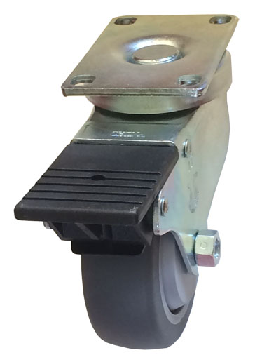 Caster; Swivel; 6" x 2"; Thermoplastized Rubber (Gray); Plate (4"x4-1/2"; holes: 2-5/8"x3-5/8" slots to 3"x3"; 3/8" bolt); Zinc; Roller Brng; 550#; Pedal Brake (Item #64390) Caster; Swivel; 6" x 2"; Thermoplastized Rubber (Gray); Plate (4"x4-1/2"; holes: 2-5/8"x3-5/8" slots to 3"x3"; 3/8" bolt); Zinc; Roller Brng; 550#; Pedal Brake (Item #64390)