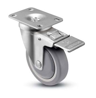 Caster; Swivel; 5" x 1-1/4"; TPR Rbr (Gray); Plate (2-3/8"x3-5/8"; holes: 1-3/4"x2-7/8" slots to 3"; 5/16" bolt); Zinc; 300#; Plastic Dust Cover; Swivel Lock (Item #63337)