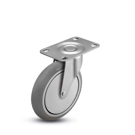 Caster; Swivel; 5 x 15/16; Monoprene (Donut); Top Plate (2-5/8x3-3/4; holes: 1-3/4x2-3/4 slotted to 3; 5/16 bolt); Zinc; Plain bore; 160#; Thread guards (Item #66497)