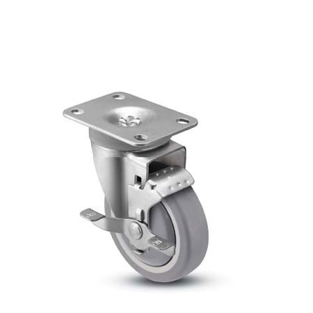 Caster; Swivel; 6"x1-1/4"; PolyU/PolyO (Gray); Plate; 2-3/8"x3-5/8"; holes: 1-3/4"x2-7/8" (slotted to 3"); 5/16" bolt; Single BB; 300#; Thrd Grd; Brake (Item #65848) Caster; Swivel; 6"x1-1/4"; PolyU/PolyO (Gray); Plate; 2-3/8"x3-5/8"; holes: 1-3/4"x2-7/8" (slotted to 3"); 5/16" bolt; Single BB; 300#; Thrd Grd; Brake (Item #65848)