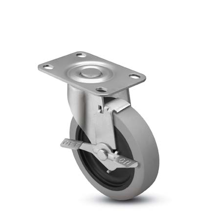 Caster; Swivel; 3" x 1"; Thermoplastized Rbr (GY); Plate (2-1/2"x3-3/4"; holes: 1-3/4"x2-7/8" slots to 3"; 5/16" bolt); Zinc; Plain bore; 175#; Wheel Brake (Item #63250) Caster; Swivel; 3" x 1"; Thermoplastized Rbr (GY); Plate (2-1/2"x3-3/4"; holes: 1-3/4"x2-7/8" slots to 3"; 5/16" bolt); Zinc; Plain bore; 175#; Wheel Brake (Item #63250)