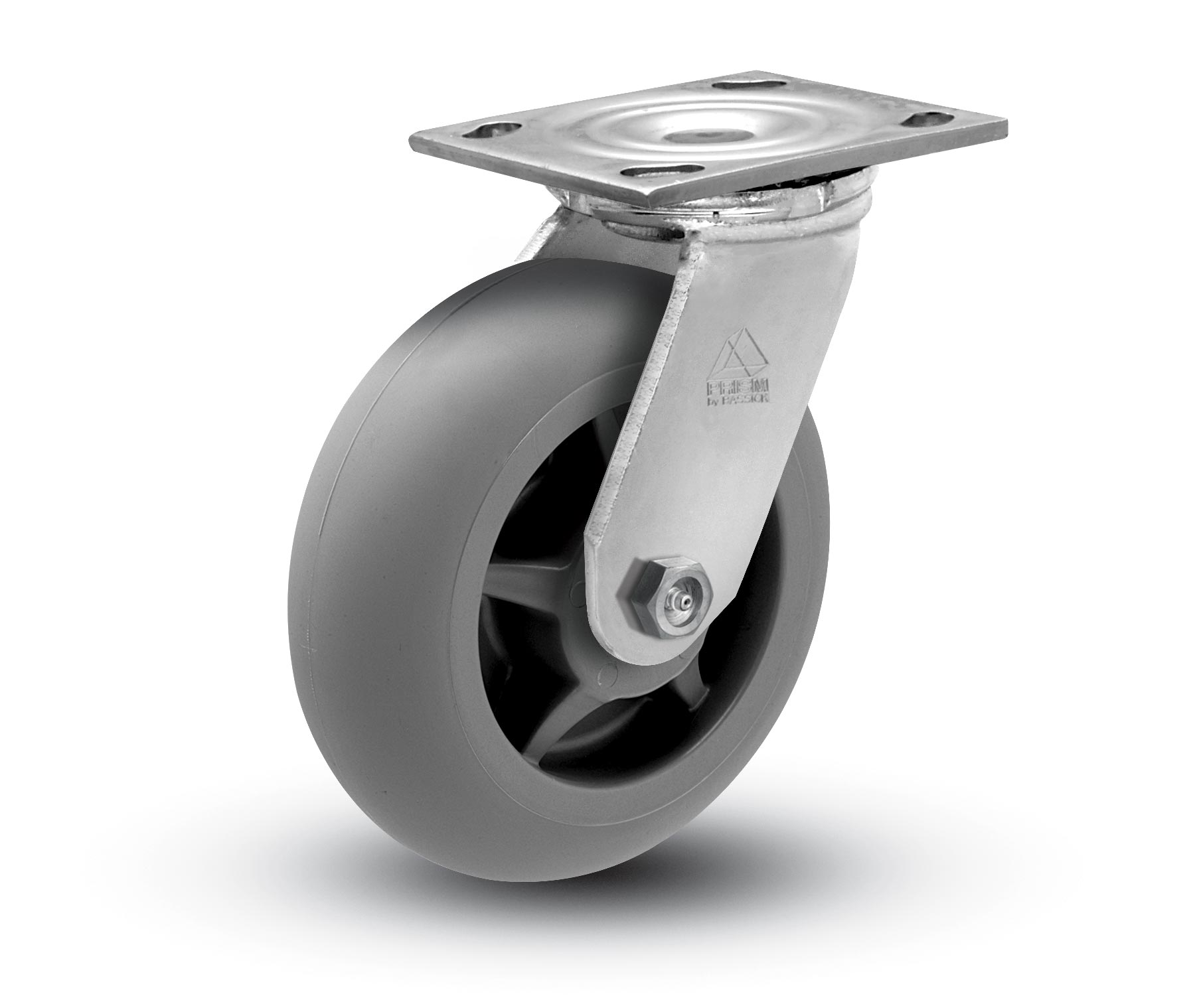 Caster; Swivel; 4" x 2"; ThermoPlastic Rubber Donut; Plate (4"x4-1/2"; holes: 2-5/8"x3-5/8" slots to 3"x3"; 3/8" bolt); Stainless Yoke and Roller Brng; 300# (Item #63487) Caster; Swivel; 4" x 2"; ThermoPlastic Rubber Donut; Plate (4"x4-1/2"; holes: 2-5/8"x3-5/8" slots to 3"x3"; 3/8" bolt); Stainless Yoke and Roller Brng; 300# (Item #63487)