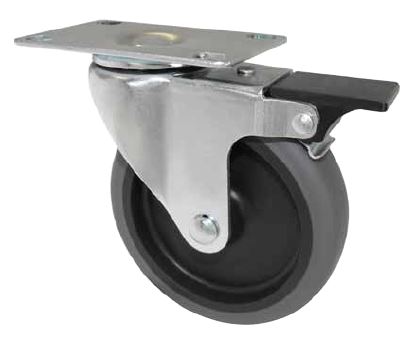 Caster; Swivel; 2" x 13/16"; Thermoplastized Rubber (Gray); Plate (1-1/4" x 2-1/16"; holes: 13/16" x 1-9/16"; 3/16" bolt); Zinc; Plain bore; 70#; Pedal Brake (Item #65489) Caster; Swivel; 2" x 13/16"; Thermoplastized Rubber (Gray); Plate (1-1/4" x 2-1/16"; holes: 13/16" x 1-9/16"; 3/16" bolt); Zinc; Plain bore; 70#; Pedal Brake (Item #65489)