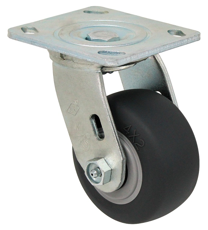 Caster; Swivel; 4" x 2"; Thermoplastized Rubber (Black); Plate (4"x4-1/2"; holes: 2-5/8"x3-5/8" slots to 3"x3"; 3/8" bolt); Zinc; Roller Brng; 300#; Pedal Brake (Item #64055) Caster; Swivel; 4" x 2"; Thermoplastized Rubber (Black); Plate (4"x4-1/2"; holes: 2-5/8"x3-5/8" slots to 3"x3"; 3/8" bolt); Zinc; Roller Brng; 300#; Pedal Brake (Item #64055)