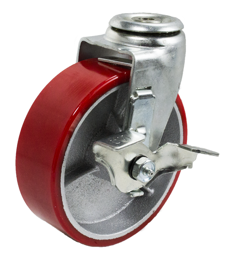 Caster; Swivel; 6" x 2"; PolyU on Cast Iron (Usu Red or Green); Hollow Kingpin (1/2" bolt hole); Zinc; Roller Brng; 400#; Tread brake (Item #64199)