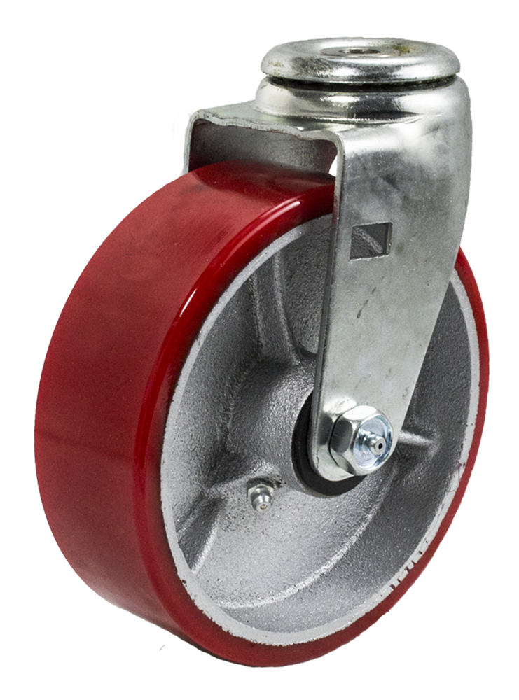 Caster; Swivel; 6" x 2"; PolyU on Cast Iron (Usu Red or Green); Hollow Kingpin (1/2" bolt hole); Zinc; Roller Brng; 400# (Item #64200) Caster; Swivel; 6" x 2"; PolyU on Cast Iron (Usu Red or Green); Hollow Kingpin (1/2" bolt hole); Zinc; Roller Brng; 400# (Item #64200)
