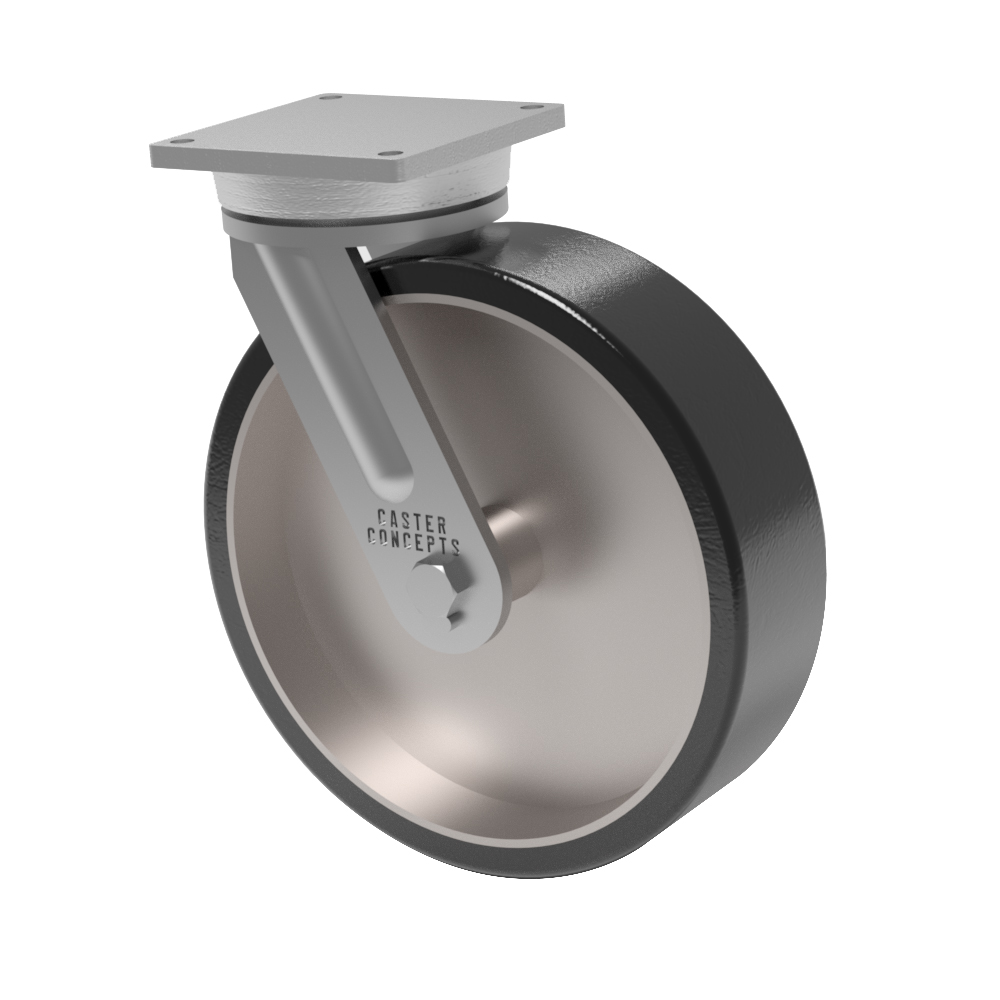 Caster; Swivel; 18" x 5"; 1" 70D PolyU on Steel; Plate (8-1/2"x8-1/2"; holes: 7"x7"; 5/8" bolt); Gold Dichromate; Prec Tapered Brng; 9000#; Kingpinless (Item #63689) Caster; Swivel; 18" x 5"; 1" 70D PolyU on Steel; Plate (8-1/2"x8-1/2"; holes: 7"x7"; 5/8" bolt); Gold Dichromate; Prec Tapered Brng; 9000#; Kingpinless (Item #63689)