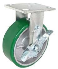 Caster; Rigid; 6" x 2"; PolyU on Cast Iron (color varies); Plate; 4"x4-1/2"; holes: 2-5/8"x3-5/8" (slotted to 3"x3"); 3/8" bolt; Zinc; Roller Brng; 1200#; Brake (Item #64890) Caster; Rigid; 6" x 2"; PolyU on Cast Iron (color varies); Plate; 4"x4-1/2"; holes: 2-5/8"x3-5/8" (slotted to 3"x3"); 3/8" bolt; Zinc; Roller Brng; 1200#; Brake (Item #64890)