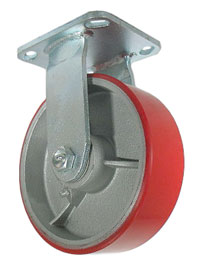 Caster; Rigid; 8" x 2"; PolyU on Cast Iron (Red); Plate (4-1/2"x6-1/4"; holes: 2-7/16"x4-15/16" slots to 3-3/8"x5-1/4"; 1/2" bolt); Zinc; Prec Ball Brng; 950# (Item #66837)