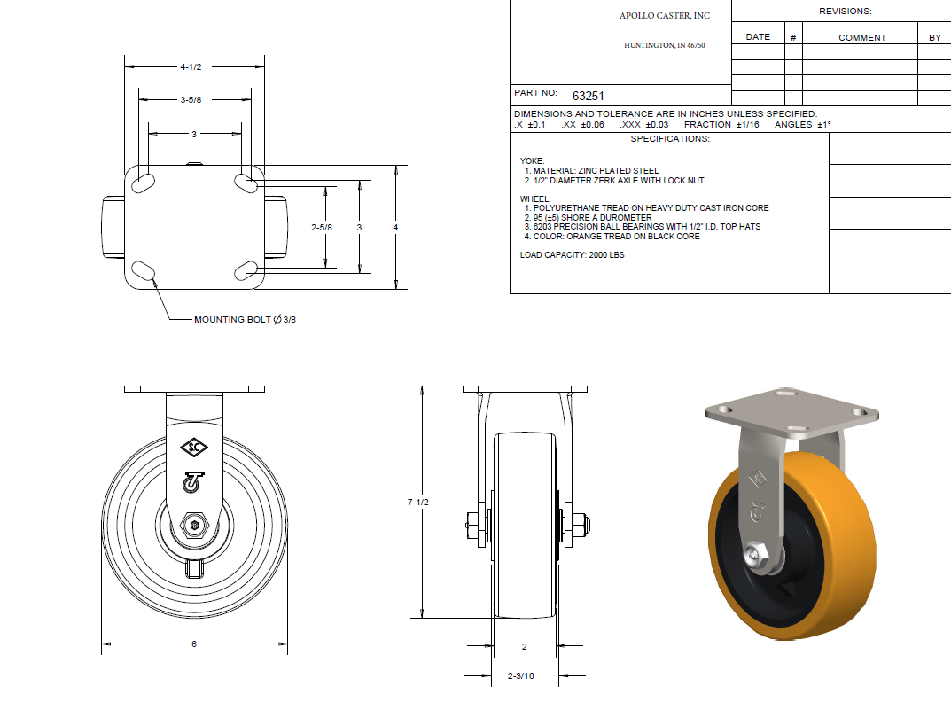 (image for) Caster; Rigid; 6" x 2"; PolyU (1/2"; 95A) on Cast; Plate (4"x4-1/2"; holes: 2-5/8"x3-5/8" slots to 3"x3"; 3/8" bolt); 6203 Prec Ball Brngs; 2000# (Item #63251)