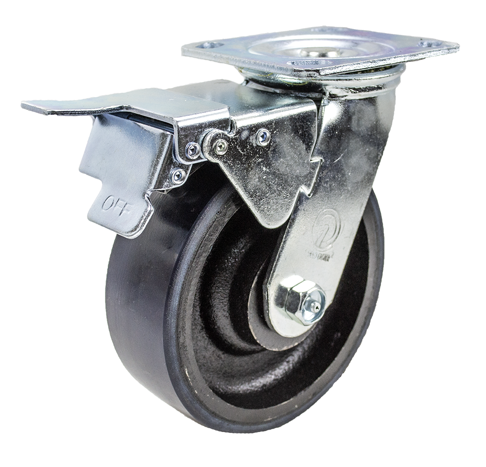 Caster; Swivel; 4" x 2"; PolyU on Cast; Plate (4"x4-1/2"; holes: 2-5/8"x3-5/8" slotted to 3"x3"; 3/8" bolt); Roller Brng; 800#; Total Lock (Trailing) (Item #64169) Caster; Swivel; 4" x 2"; PolyU on Cast; Plate (4"x4-1/2"; holes: 2-5/8"x3-5/8" slotted to 3"x3"; 3/8" bolt); Roller Brng; 800#; Total Lock (Trailing) (Item #64169)