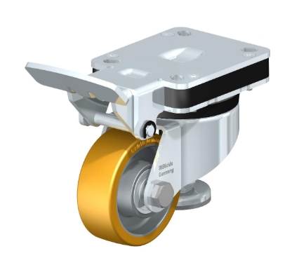 Caster; Swivel; 80mm x 35mm; 92A PolyU; Plate (85mm x 100mm); Zinc; Ball Brng; 400# Dynamic/ 2200# Static; Retractable Floor Lock lifts 1/8"; Swiveling Pedal (Item #64080)