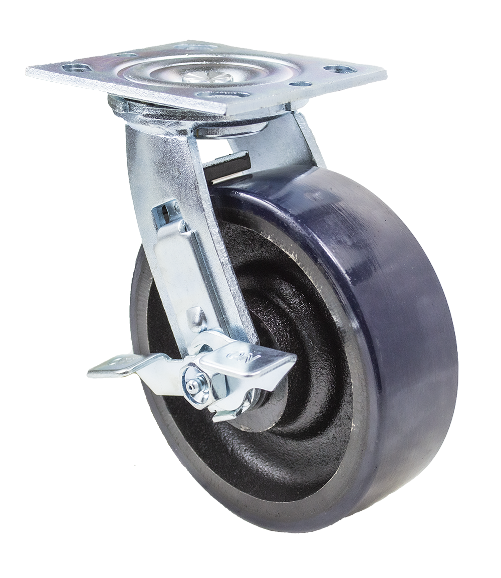 Caster; Swivel; 4" x 2"; PolyU (Crowned) on Cast; Plate; 4"x4-1/2"; holes: 2-5/8"x3-5/8" (slotted to 3"x3"); 3/8" bolt; Zinc; Roller Brng; 800#; Wheel Brake (Item #63007) Caster; Swivel; 4" x 2"; PolyU (Crowned) on Cast; Plate; 4"x4-1/2"; holes: 2-5/8"x3-5/8" (slotted to 3"x3"); 3/8" bolt; Zinc; Roller Brng; 800#; Wheel Brake (Item #63007)
