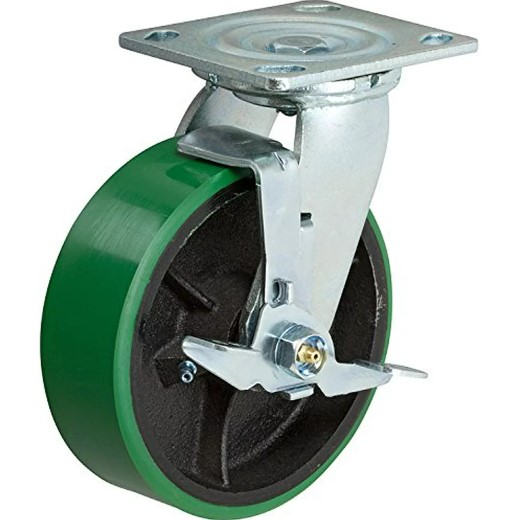 (image for) Caster; Swivel; 6" x 2"; PolyU on Cast; Plate (4"x4-1/2"; holes: 2-5/8"x3-5/8" slots to 3"x3"; 3/8" bolt); Zinc; Roller Brng; 1200#; Brake (Item #66033)