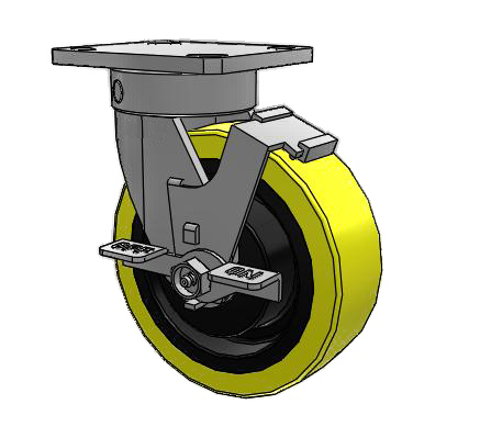 (image for) Caster; Swivel; 6" x 2"; PolyU (1/2"; 95A) on Cast; Plate (4"x4-1/2"; holes: 2-5/8"x3-5/8" slots to 3"x3"; 3/8" bolt); 6203 Prec BBs; 2000#; Kingpinless; Brake (Item #63253)