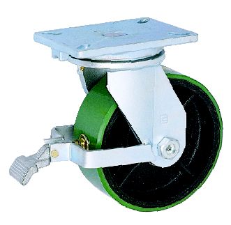 Caster; Swivel; 8 x 3; PolyU on Cast (Green/Bk); Plate (4-1/2x6-1/4; holes: 2-7/16x4-15/16 to 3-3/8x5-1/4; 1/2 bolt); Sealed Prec BB; Kingpinless; Face Brake (Item #66556) Caster; Swivel; 8 x 3; PolyU on Cast (Green/Bk); Plate (4-1/2x6-1/4; holes: 2-7/16x4-15/16 to 3-3/8x5-1/4; 1/2 bolt); Sealed Prec BB; Kingpinless; Face Brake (Item #66556)