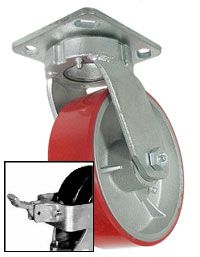 Caster; Swivel; 6" x 3"; PolyU on Cast; Plate (6-1/4"x7-1/2": holes: 4-1/8"x6" slts to 4-1/2"x6-1/8"; 1/2" blt); Rlr Brng; 2000#; Kngpnls; Swiv Lck; Face Brk (Item #63227)