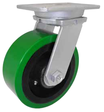 Caster; Swivel; 12"x4"; PolyU on Cast Iron (Green); Plate (6-1/4"x7-1/2": holes: 4-1/8x6 slots to 4-1/2x6-1/8; 1/2 bolt); Zinc; Rlr Brng; 5800#; Swivel Lock (Item #66930) Caster; Swivel; 12"x4"; PolyU on Cast Iron (Green); Plate (6-1/4"x7-1/2": holes: 4-1/8x6 slots to 4-1/2x6-1/8; 1/2 bolt); Zinc; Rlr Brng; 5800#; Swivel Lock (Item #66930)