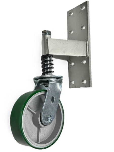 Spring Loaded Gate Swivel Caster; 6" x 2"; PolyU on Cast Iron; Bracket (11"x4"; 8 holes 1-3/4" (slotted to 3") x 9-1/2"; 7/16" bolt); Zinc; Roller Brng; 700# (Item #65909) Spring Loaded Gate Swivel Caster; 6" x 2"; PolyU on Cast Iron; Bracket (11"x4"; 8 holes 1-3/4" (slotted to 3") x 9-1/2"; 7/16" bolt); Zinc; Roller Brng; 700# (Item #65909)